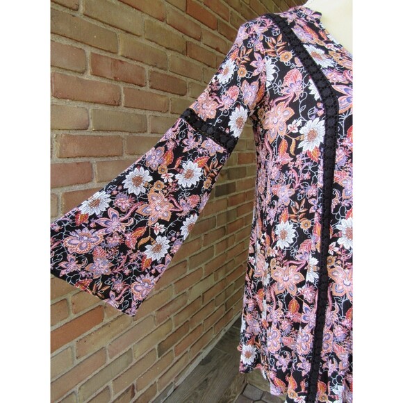 Altar'd State Floral Black Pink Babydoll Boho Mini Dress Bell Sleeve Size XS - Picture 8 of 15